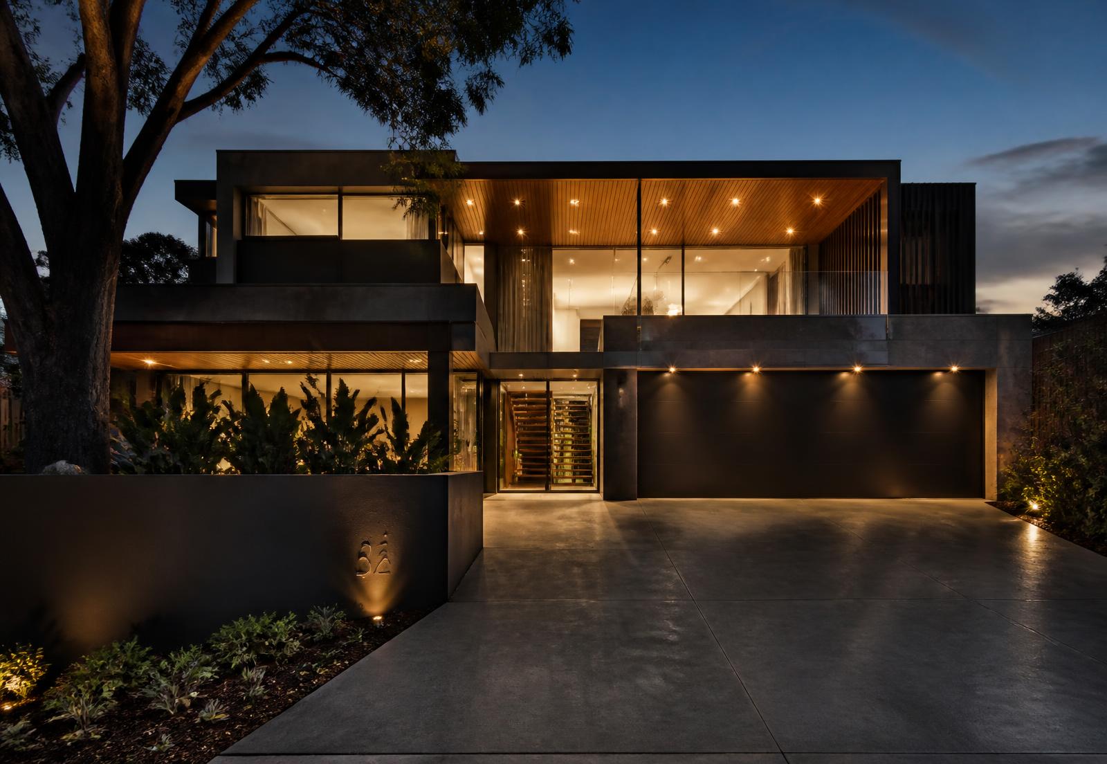 Newly completed luxury Sydney home at dusk with spotless driveway