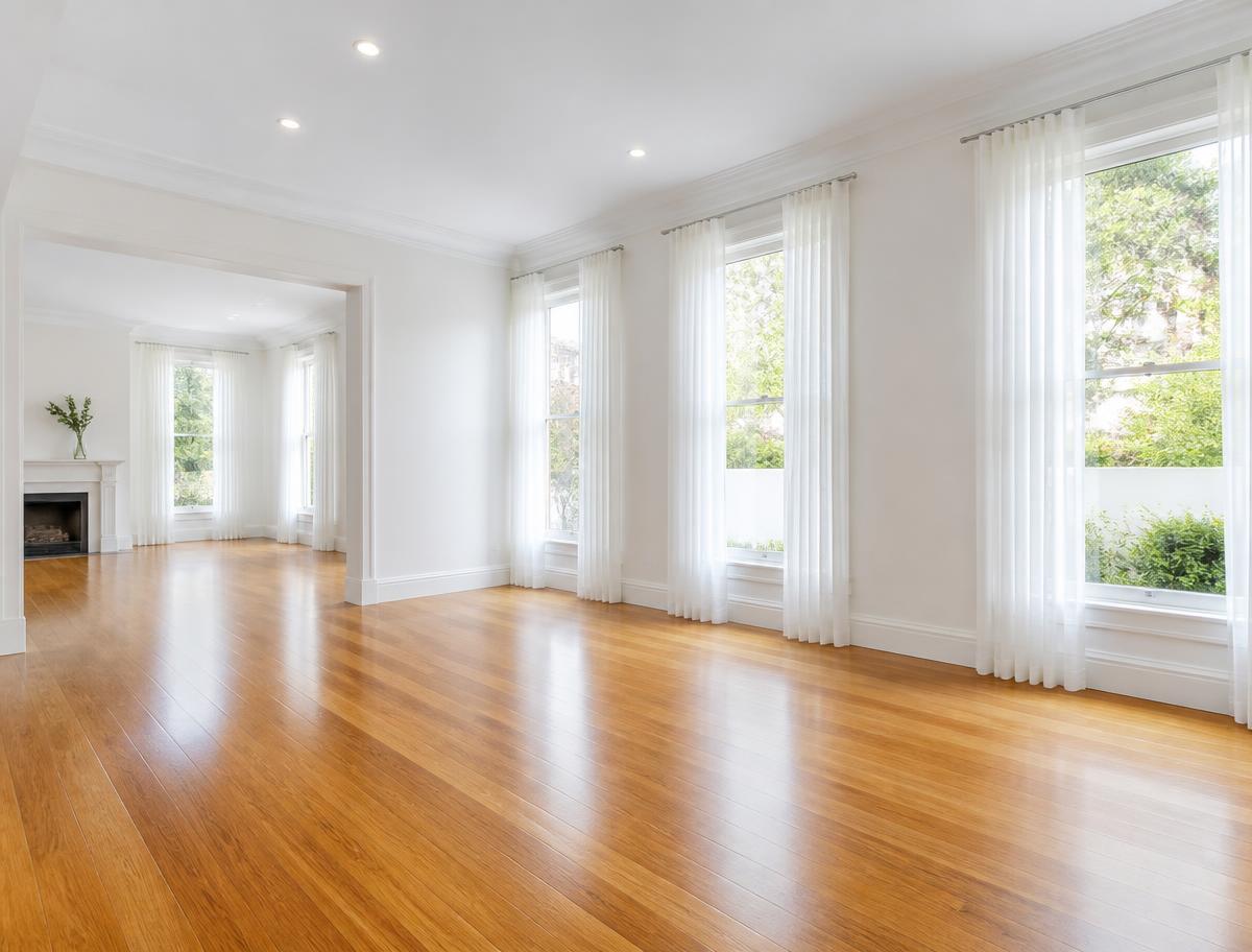 Empty freshly renovated living room with polished timber floors